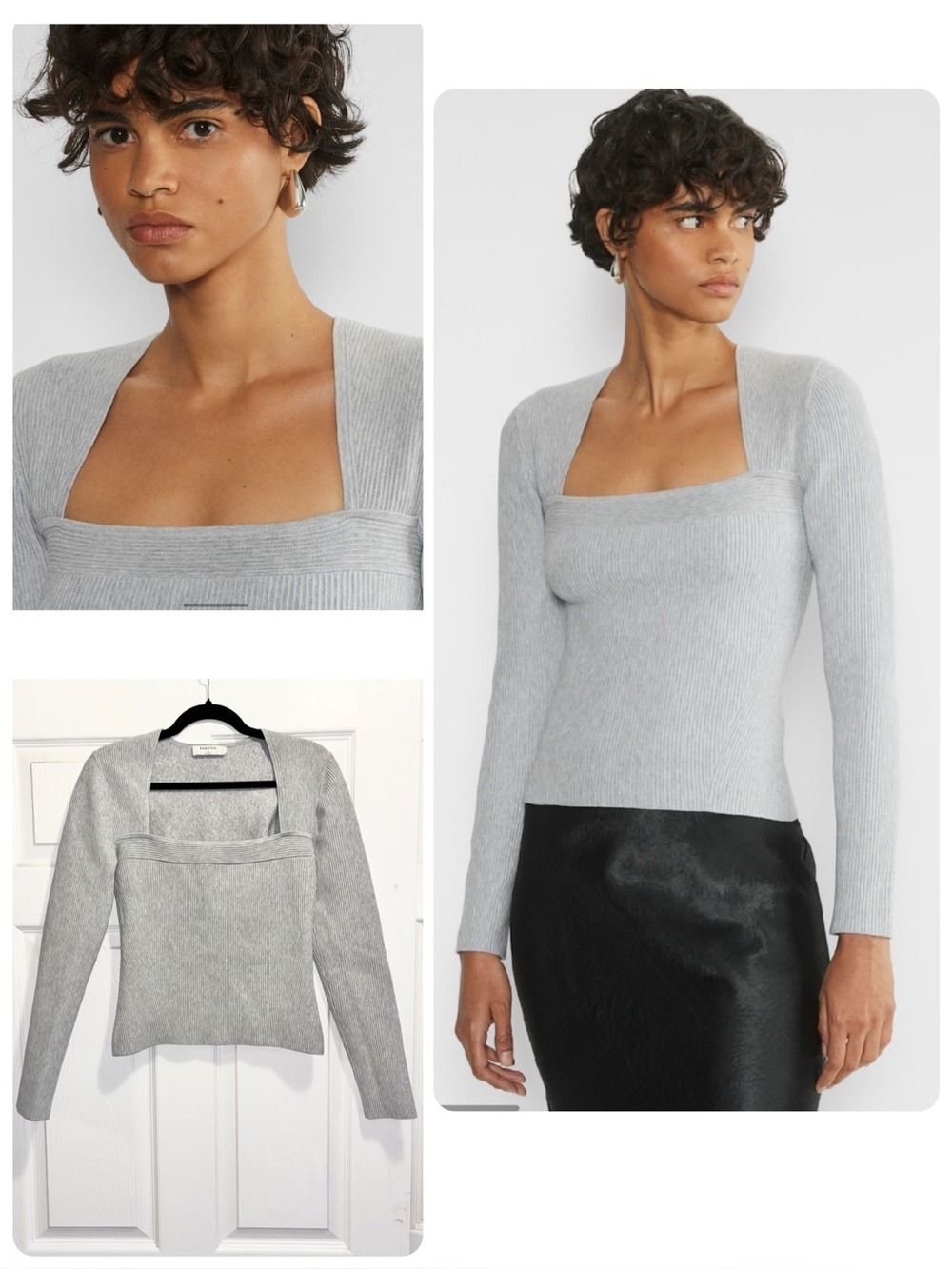Aritzia Babaton Grid Longsleeve Top Tight Knit Squareneck Sweater Grey Sz Medium